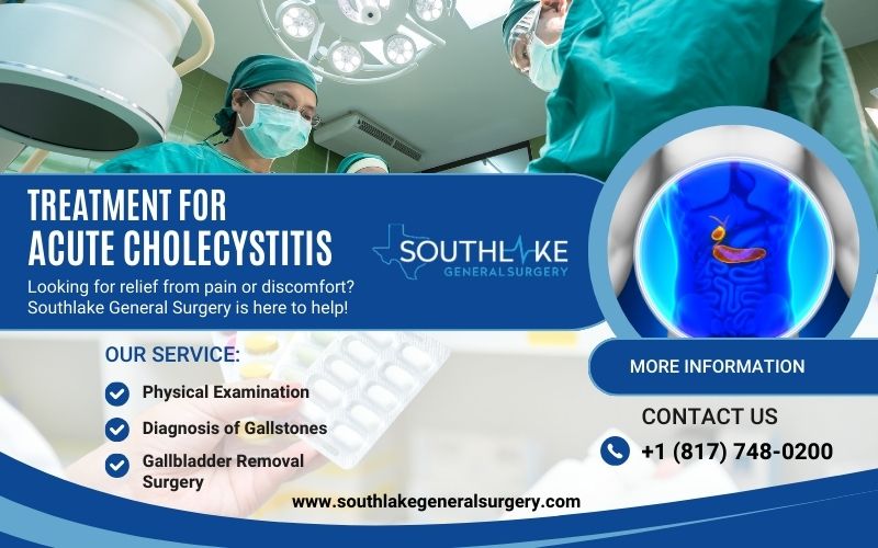 A medical illustration of treatment options for acute cholecystitis, including surgery and antibiotics.