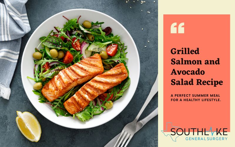 Preparing a meal with healthy fats: grilling salmon and avocado salad.