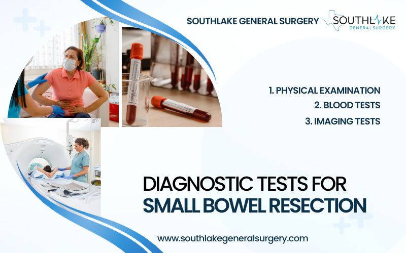 Visual representation of diagnostic tests for small bowel resection: X-ray, CT scan, MRI, capsule endoscopy, and endoscopic procedures.