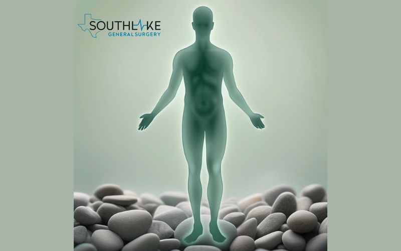A human silhouette with a highlighted gallbladder containing stones against a tranquil green backdrop.