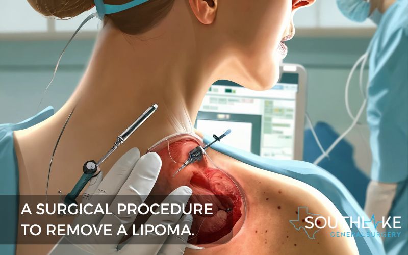 Illustration of a surgical procedure to remove a lipoma, performed by a healthcare professional.