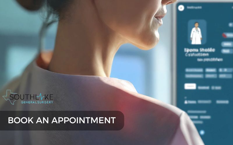 Screenshot of an appointment scheduling interface, inviting users to schedule a consultation for lipoma evaluation.