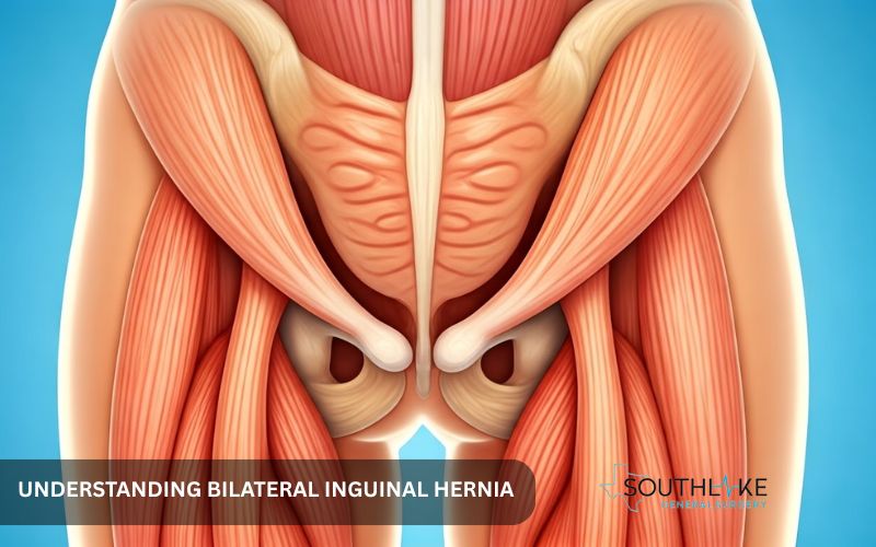 Diagram of abdominal wall showing tissue pushing through inguinal canals on both sides.