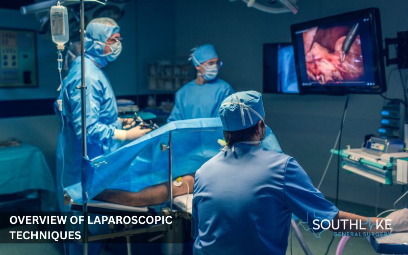 Laparoscopic surgical instruments including a video camera-equipped laparoscope used for abdominal examination.