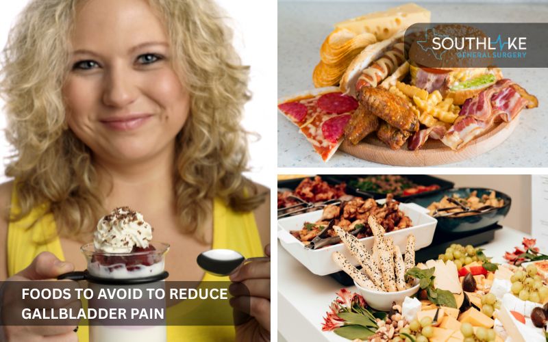 Unhealthy foods that can trigger gallbladder pain including fried items, desserts, processed snacks, and sodas.