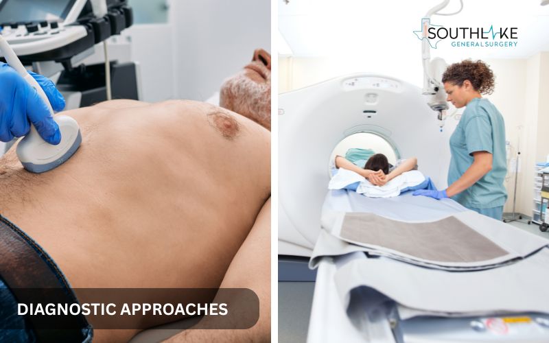 Diagnostic tools like ultrasound and CT scan used to detect inguinal hernias.