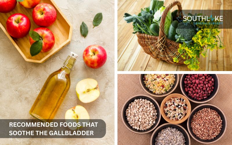 Healthy gallbladder-soothing foods including apple cider vinegar, leafy greens, low-fat dairy, and whole grains.