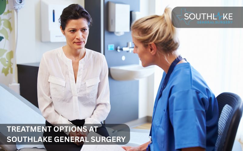 Dr. Valeria Simone, MD consulting with a patient at Southlake General Surgery about gallbladder pancreatitis treatment.