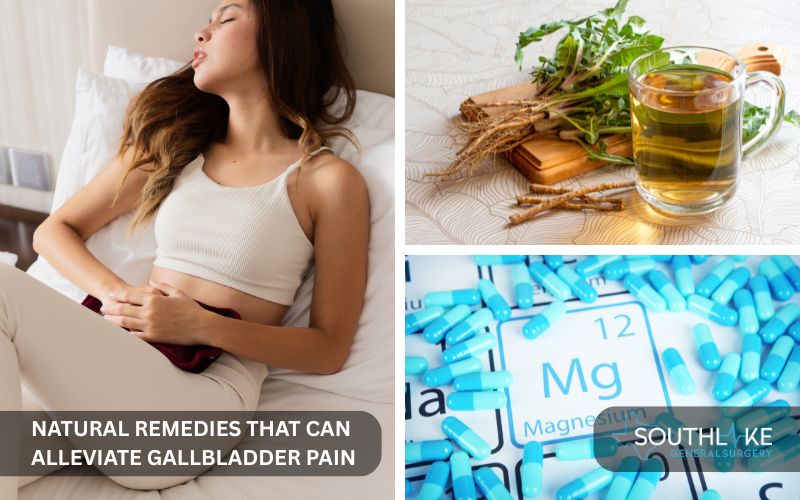 Person using a warm compress for gallbladder pain relief, with natural remedies like dandelion tea and magnesium supplements.