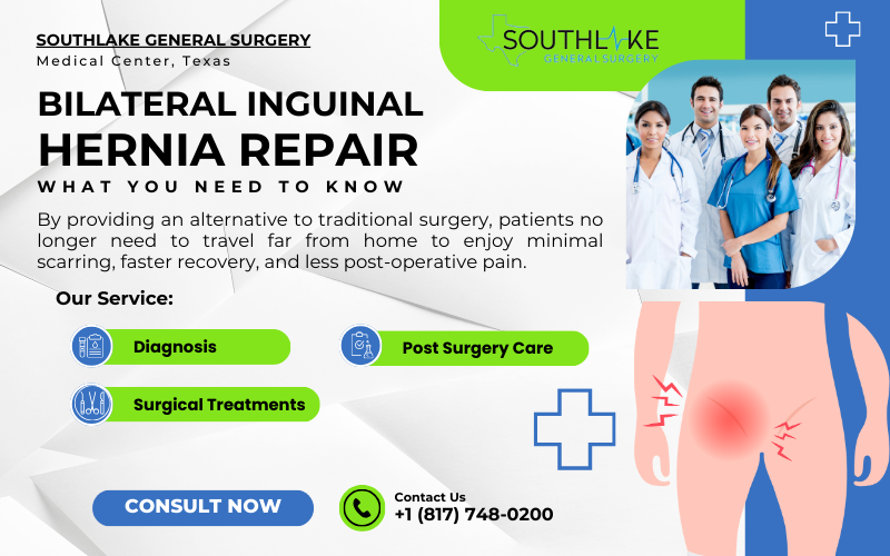 Medical illustration showing bilateral inguinal hernia affecting both sides of the groin.