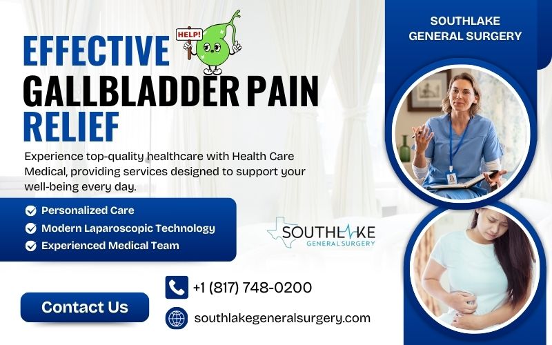 Illustration showing a woman experiencing gallbladder pain in the upper right abdomen with inflamed gallbladder highlighted.