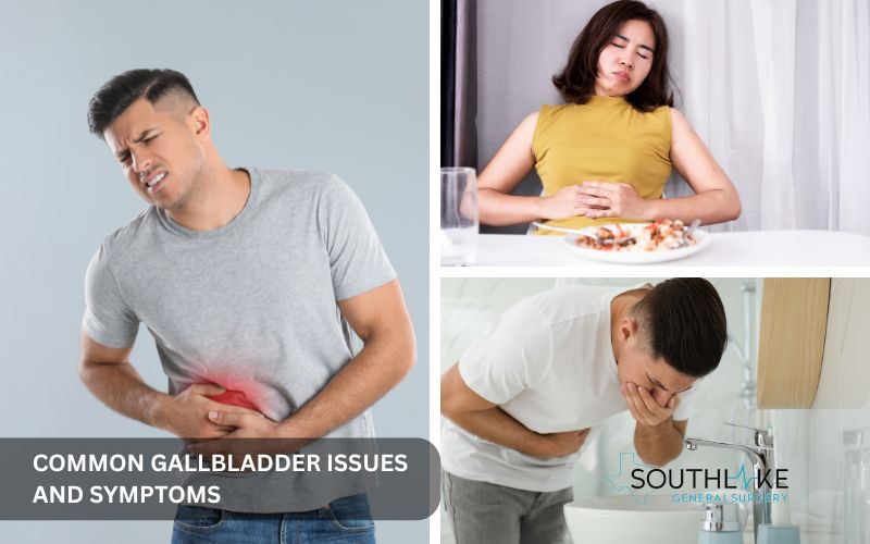 Illustration of common gallbladder symptoms like abdominal pain and bloating, indicating potential issues.