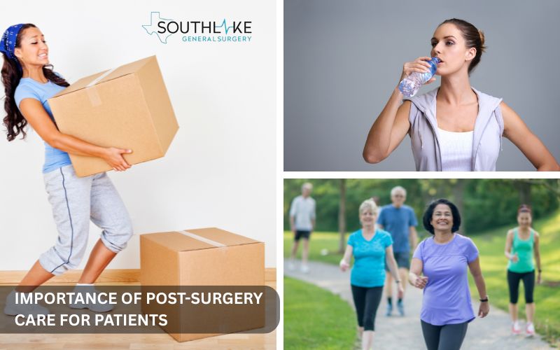 Infographic listing key post-hernia surgery care tips such as avoiding lifting, staying hydrated, and walking.