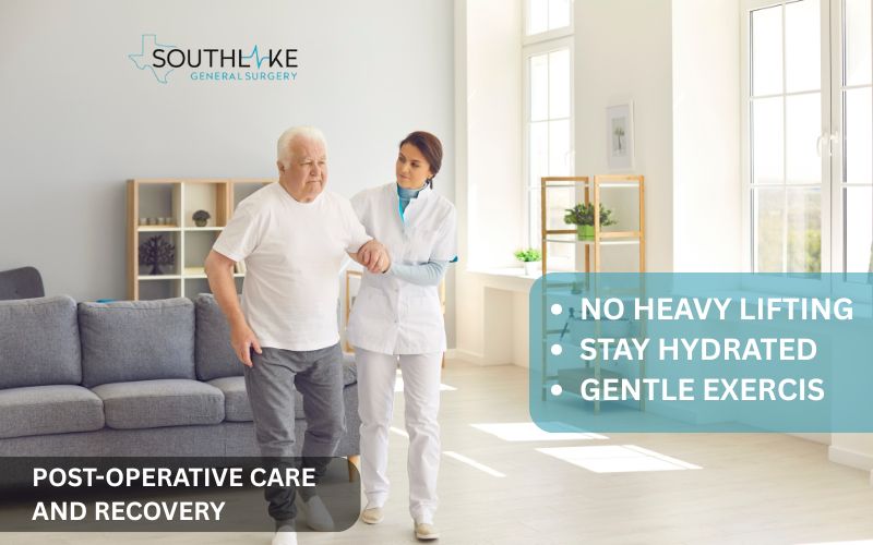 Patient walking slowly in hospital hallway with recovery tips listed: no heavy lifting, stay hydrated, gentle exercise.