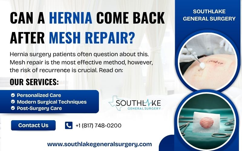 Illustration showing normal abdominal wall compared to hernia repair with surgical mesh implant.