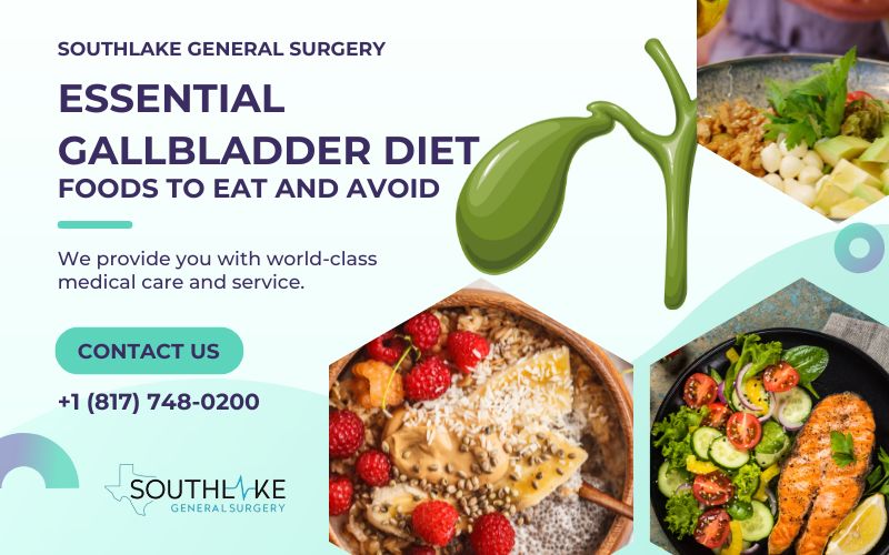 A balanced and vibrant meal showing foods beneficial for gallbladder health, including fruits, vegetables, and lean protein.