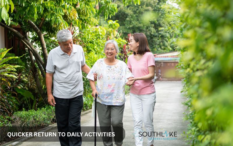 Smiling patient walking in park a few days after laparoscopic hernia surgery.