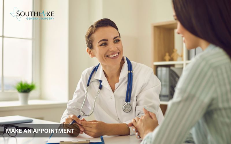 A patient with Doctor Valeria Simone, MD, at Southlake General Surgery, Texas, USA, making an appointment for next visit.